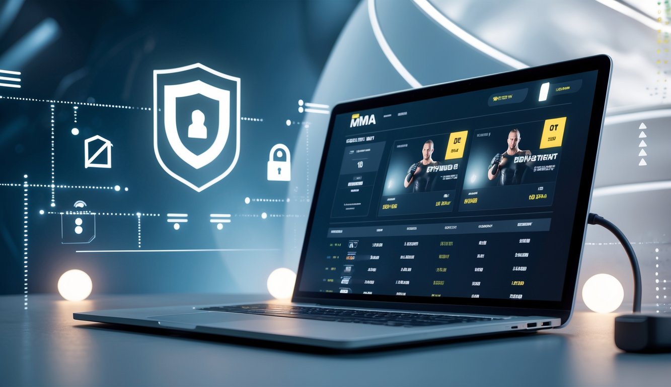 Seorang pengguna sedang melihat situs judi MMA online terpercaya di layar komputer dengan simbol keamanan di sekitarnya.