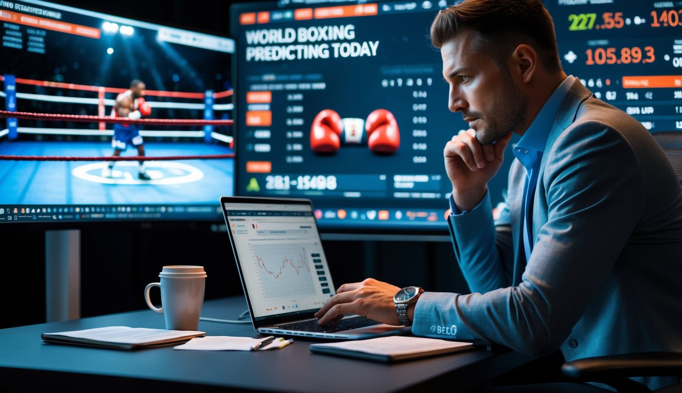 Seorang analis olahraga serius duduk di meja dengan beberapa layar yang menampilkan statistik pertandingan tinju dan rekaman langsung dari ring tinju di latar belakang.