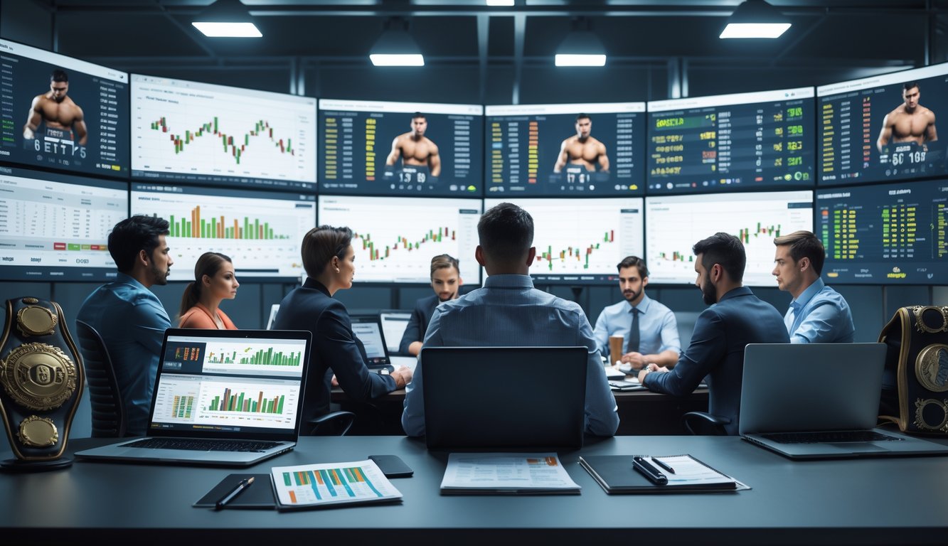 Sekelompok analis olahraga dan penjudi online yang fokus melihat layar dengan data pertandingan tinju dunia di sebuah kantor modern.