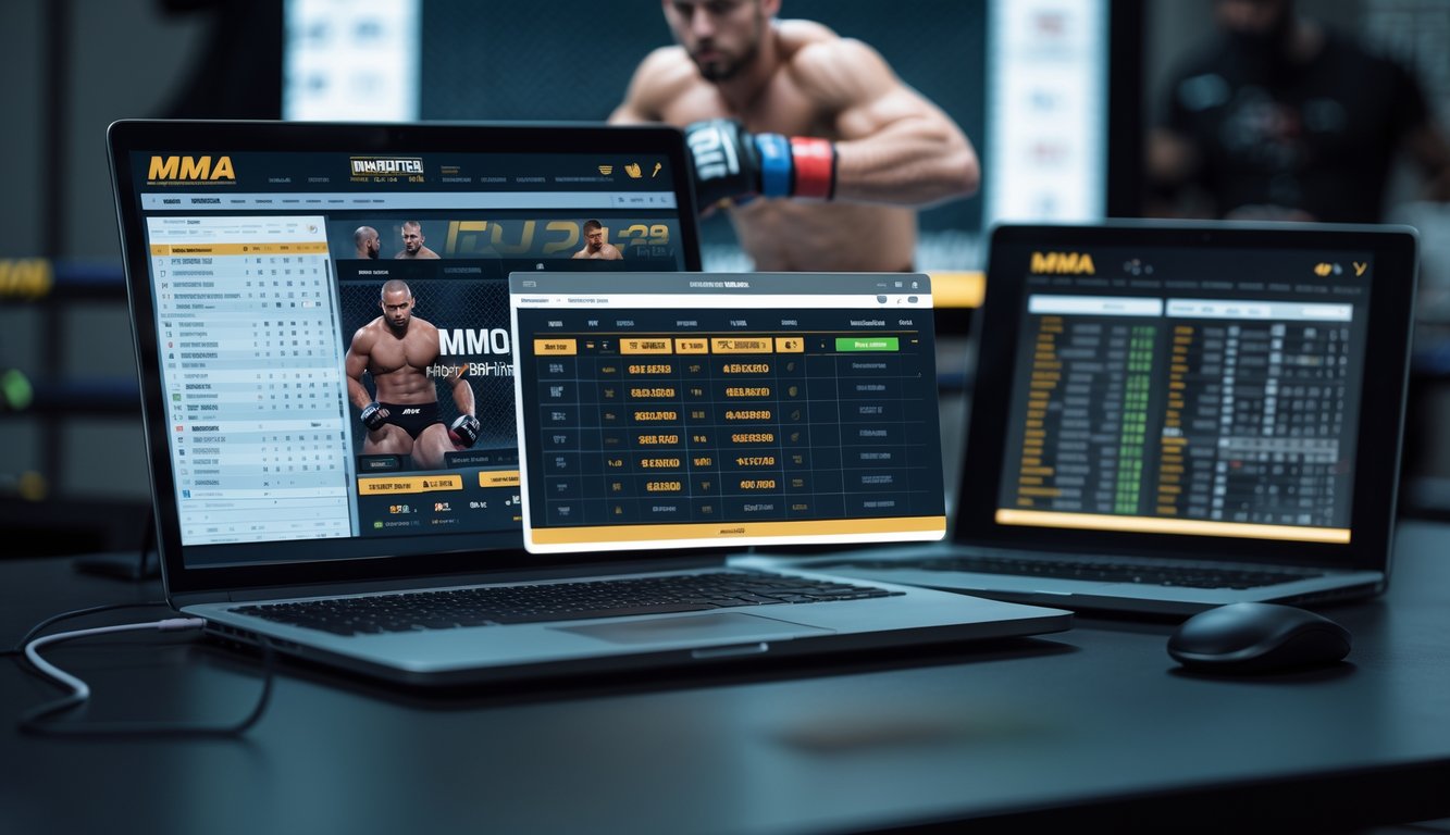Seorang pria menggunakan laptop di meja kerja dengan tampilan situs taruhan MMA online dan layar yang menunjukkan jenis taruhan Moneyline dan Parlay, latar belakang menampilkan pertarungan MMA.
