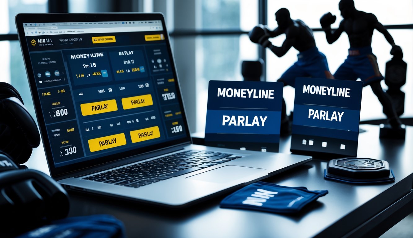 Meja kerja dengan laptop yang menampilkan antarmuka taruhan MMA online, perlengkapan tinju, dan model oktagon MMA kecil di latar belakang.