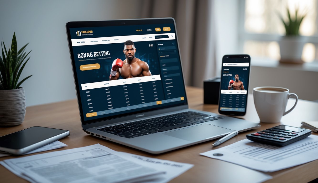 Meja kerja dengan laptop menampilkan situs taruhan olahraga tinju, dokumen keuangan, kalkulator, dan ponsel yang menunjukkan statistik pertandingan tinju.