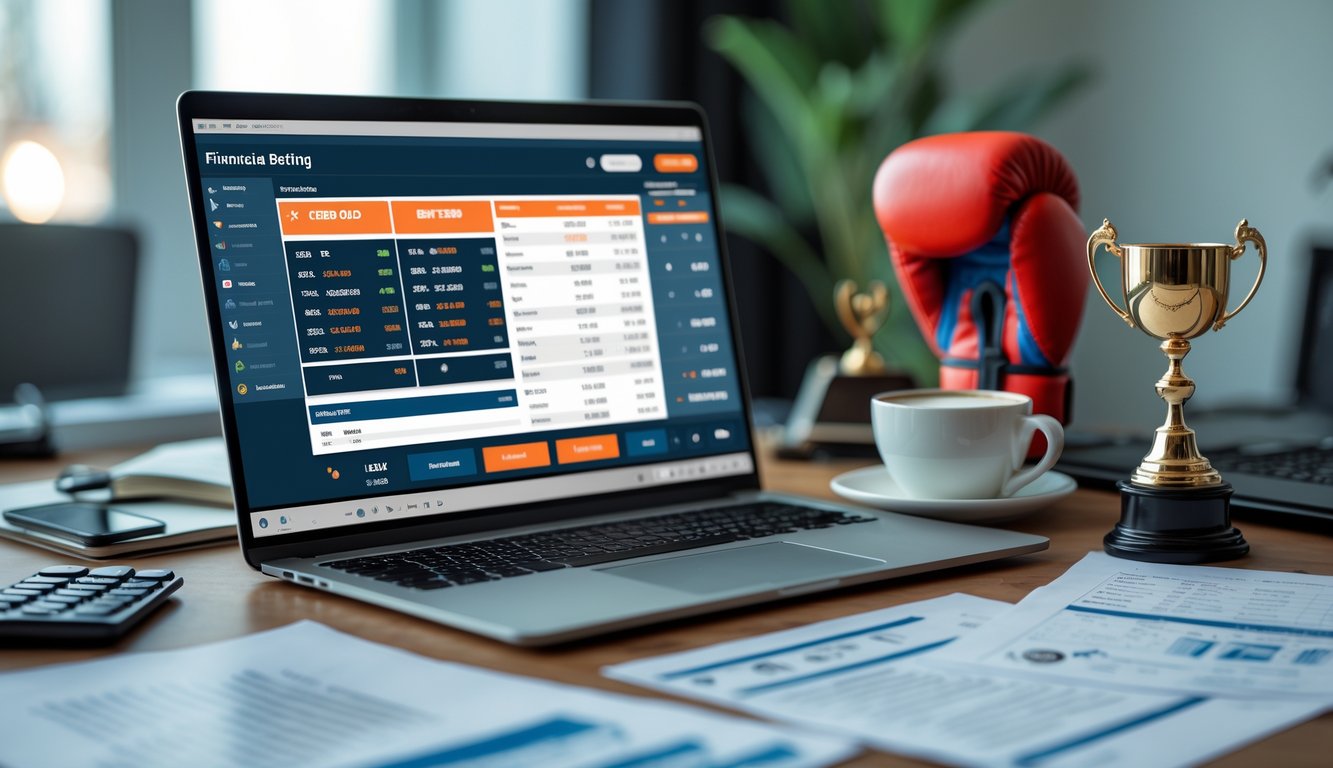 Meja kerja dengan laptop menampilkan statistik taruhan olahraga tinju, dokumen keuangan, kalkulator, dan sarung tinju di latar belakang.