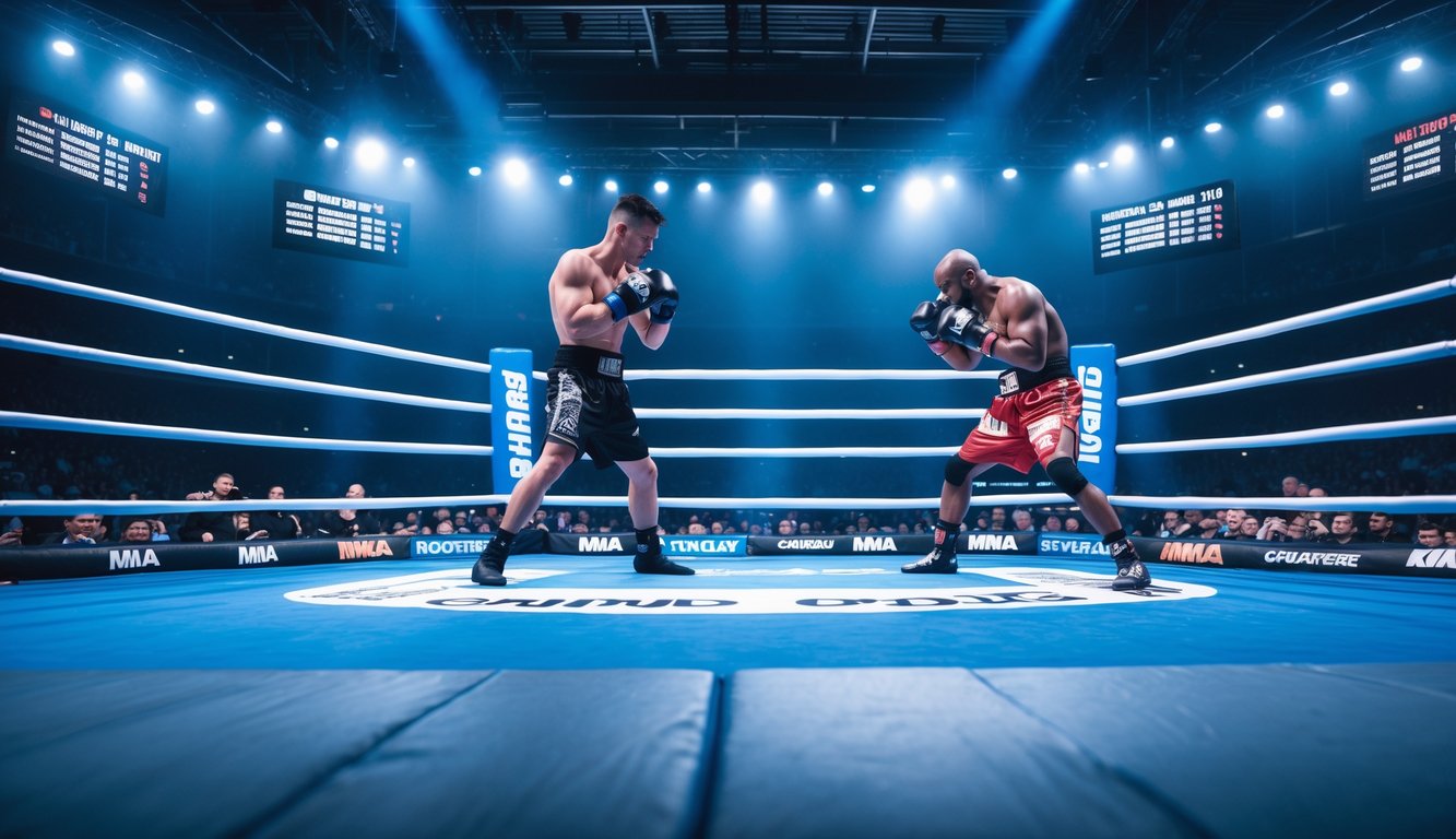 Dua atlet tinju dan MMA sedang bersiap bertanding di arena dengan penonton di latar belakang.