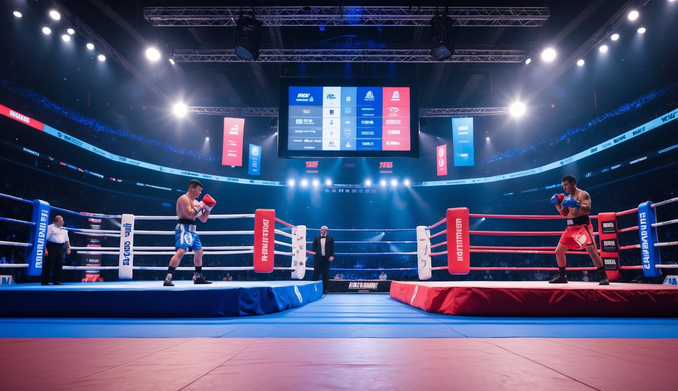 Dua atlet tinju dan MMA sedang bersiap di arena pertandingan dengan kerumunan penonton dan lampu sorot yang terang.