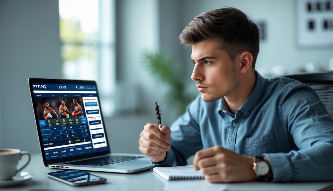 Seorang pria serius duduk di depan laptop melihat pertandingan tinju online sambil mencatat dengan pena dan kertas.