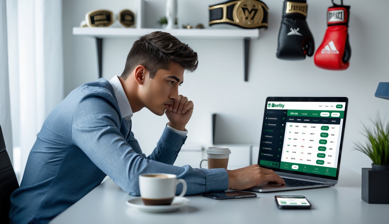 Seorang pria muda duduk di meja dengan laptop dan smartphone, fokus melihat layar yang menampilkan taruhan tinju online, di ruang kerja rumah yang rapi dengan dekorasi bertema tinju.