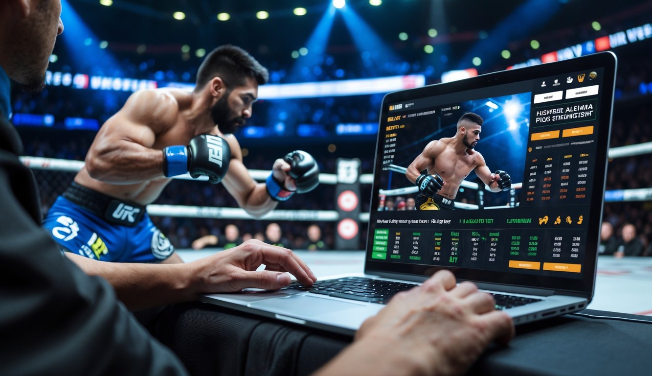 Seorang pria fokus melihat layar perangkat elektronik yang menampilkan taruhan langsung MMA, dengan pertarungan dua petarung MMA di latar belakang.