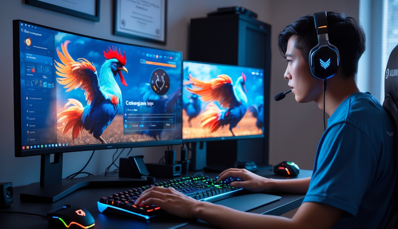 Seorang gamer fokus bermain permainan ayam aduan online dengan beberapa monitor di meja yang rapi dan pencahayaan ambient.
