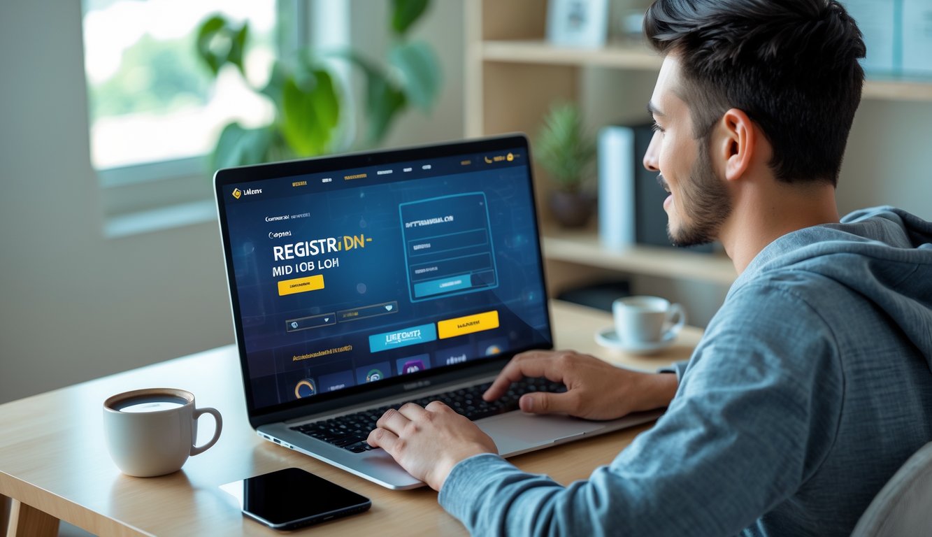 Seorang pria muda duduk di meja dengan laptop, tampak fokus menggunakan situs web di ruangan yang terang dan nyaman.