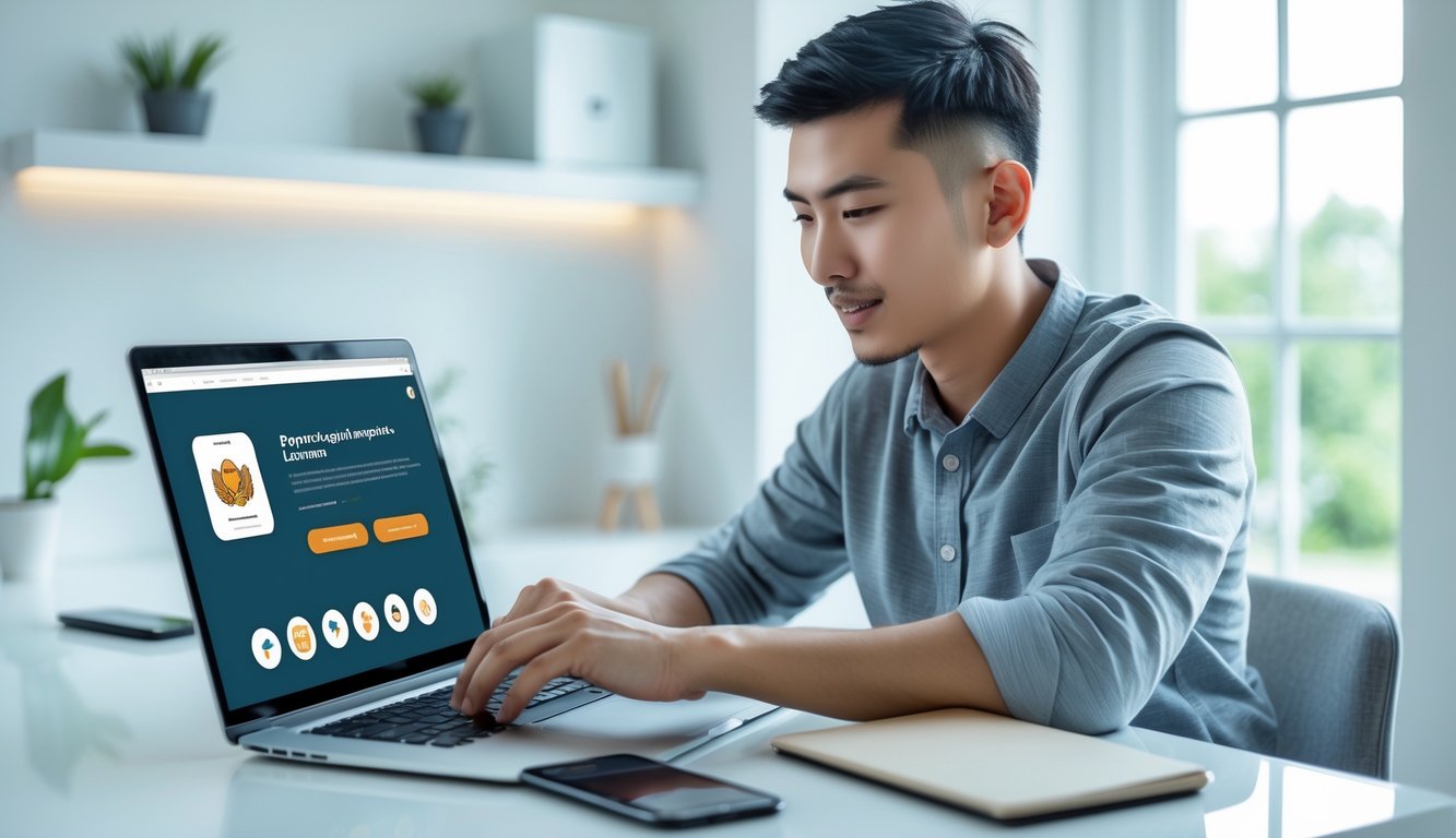 Seorang pria muda duduk di meja kerja dengan laptop, fokus menggunakan situs pendaftaran akun online di ruang kerja yang terang dan rapi.