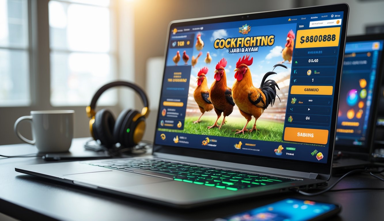 Seseorang sedang bermain permainan sabung ayam online di depan komputer dengan latar ruangan yang terang dan perlengkapan gaming di meja.