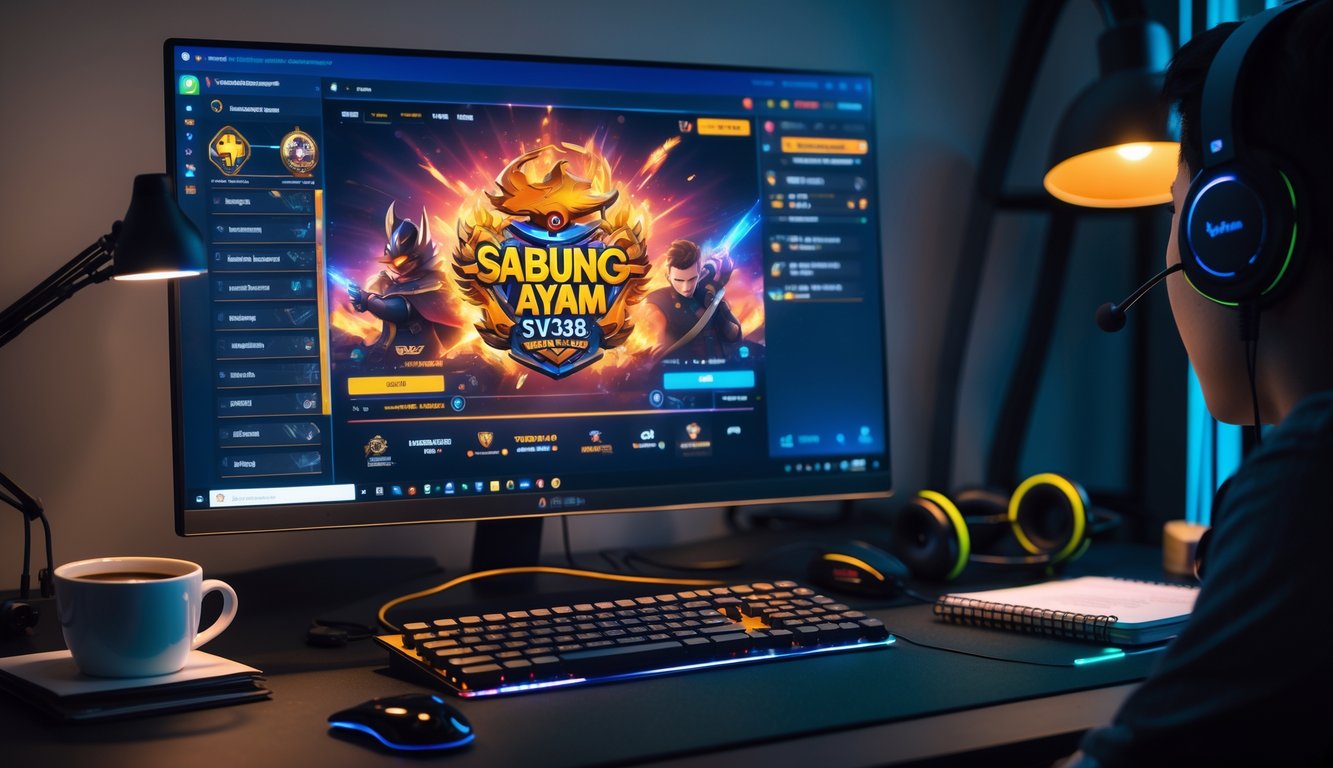 Seorang pemain sedang menggunakan komputer dengan tampilan permainan Sabung Ayam SV388 online di layar, duduk di meja dengan perlengkapan gaming.