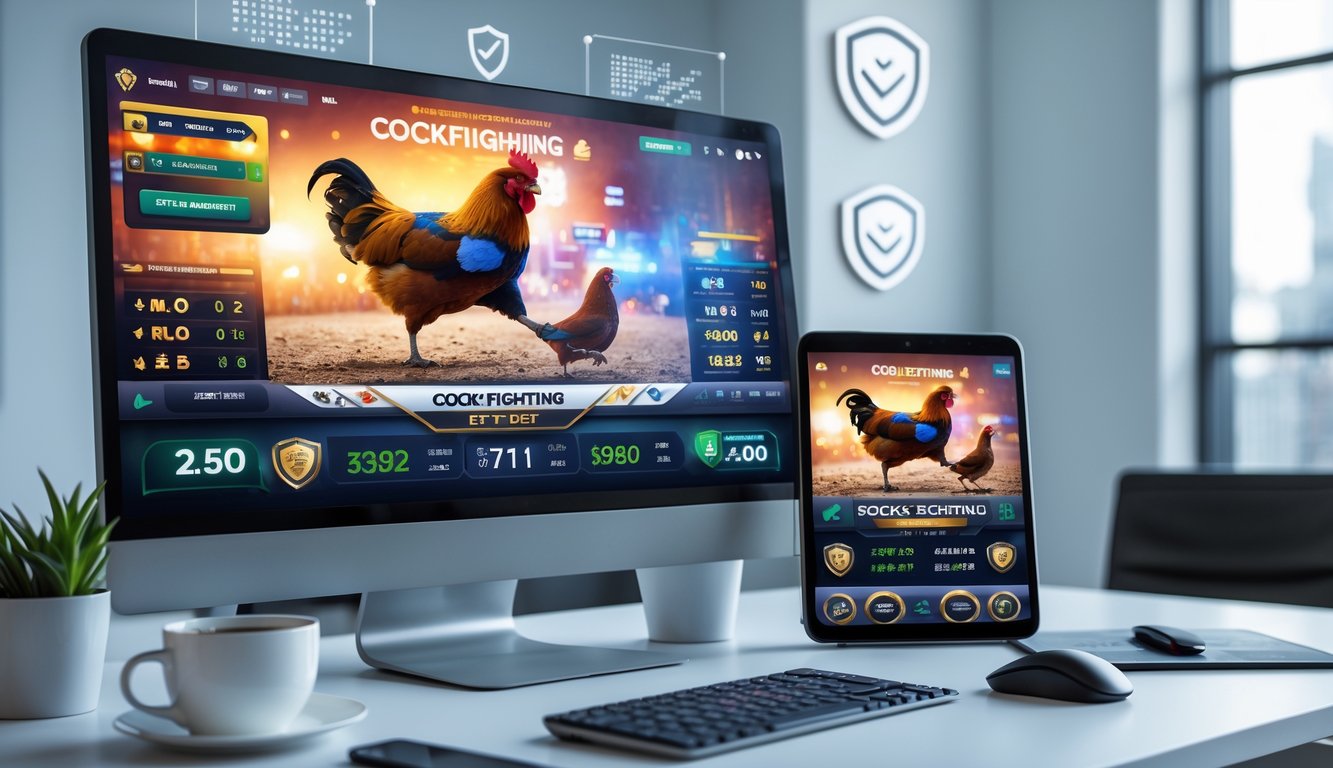 Sebuah meja kerja dengan komputer dan ponsel yang menampilkan antarmuka taruhan sabung ayam online dengan suasana teknologi modern dan aman.
