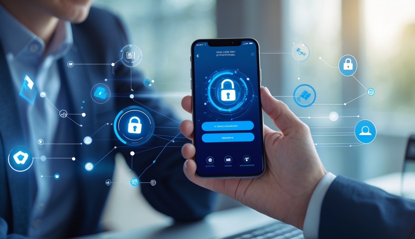 Orang memegang ponsel dengan layar yang menampilkan antarmuka login aman, dikelilingi oleh ikon digital yang melambangkan koneksi dan keamanan online.