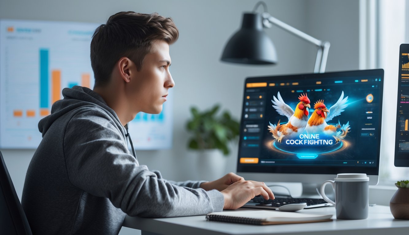 Seorang pria muda fokus menonton permainan sabung ayam online di laptop di ruang kerja modern.