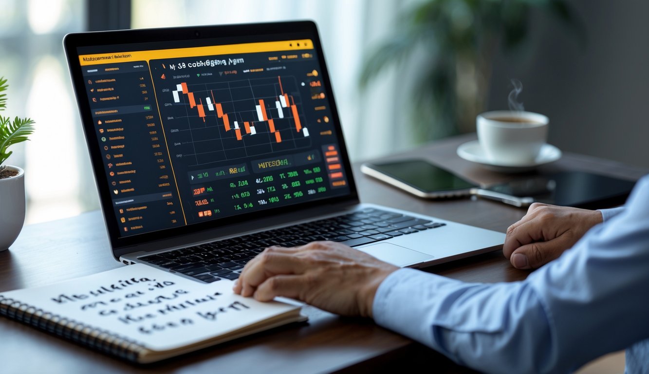 Seorang pria sedang duduk di depan laptop dengan tampilan platform taruhan sabung ayam online, di meja terdapat catatan dan kopi.