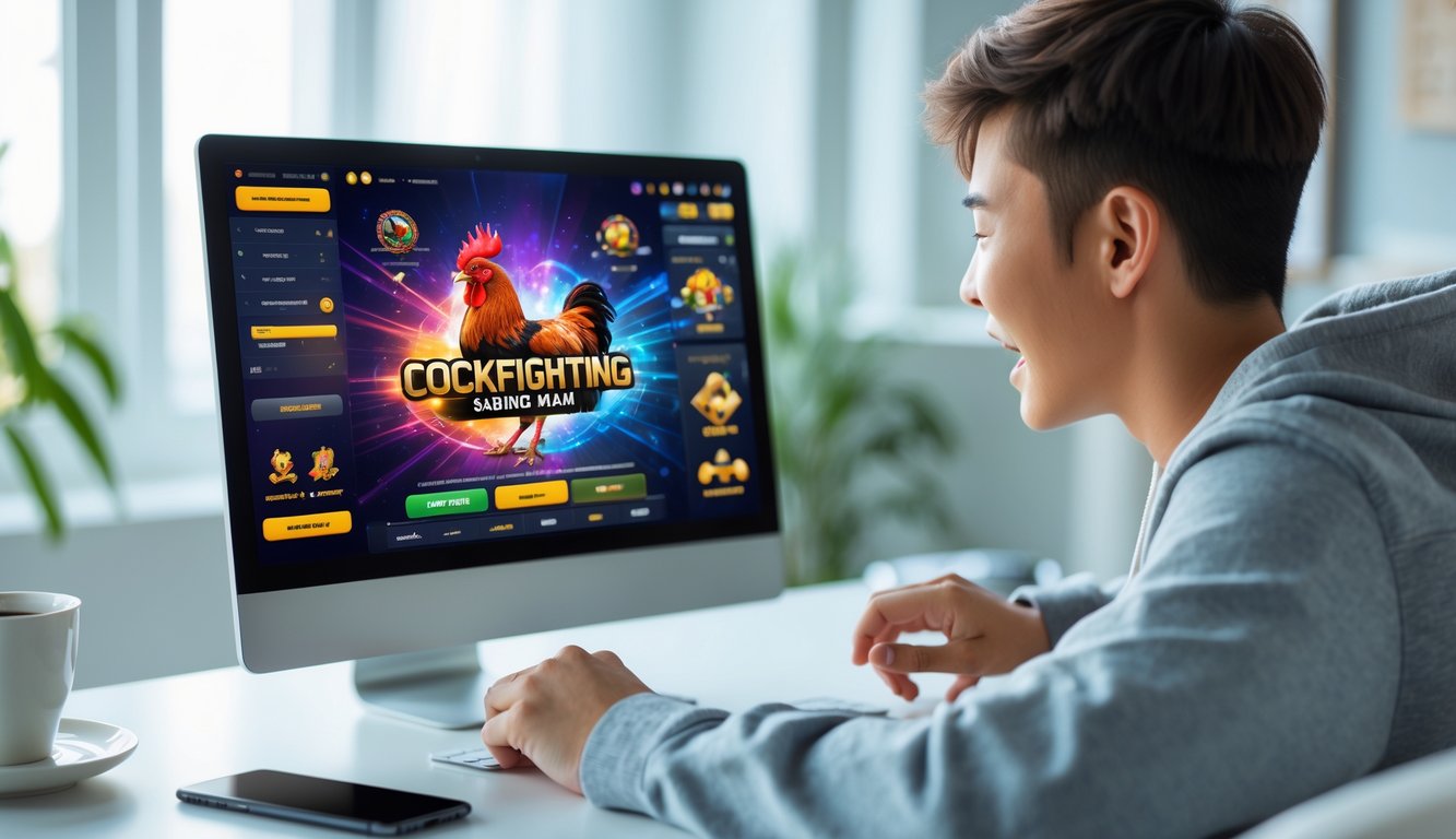Seseorang sedang menggunakan laptop untuk bermain atau bertaruh sabung ayam secara online di ruangan yang terang dan nyaman.