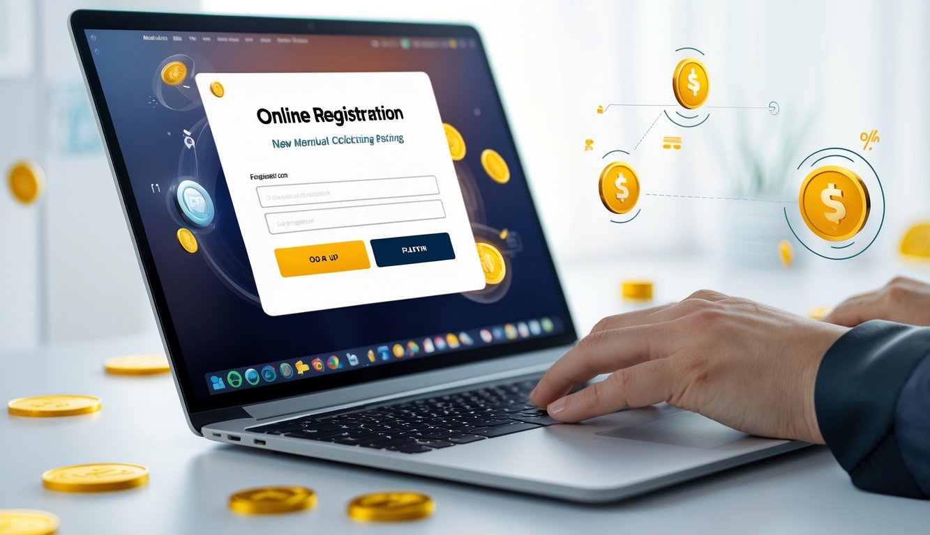 Meja kerja dengan laptop yang menampilkan formulir pendaftaran online, tangan siap mengetik, dengan latar belakang cerah dan elemen grafis yang menunjukkan bonus dan permainan daring.