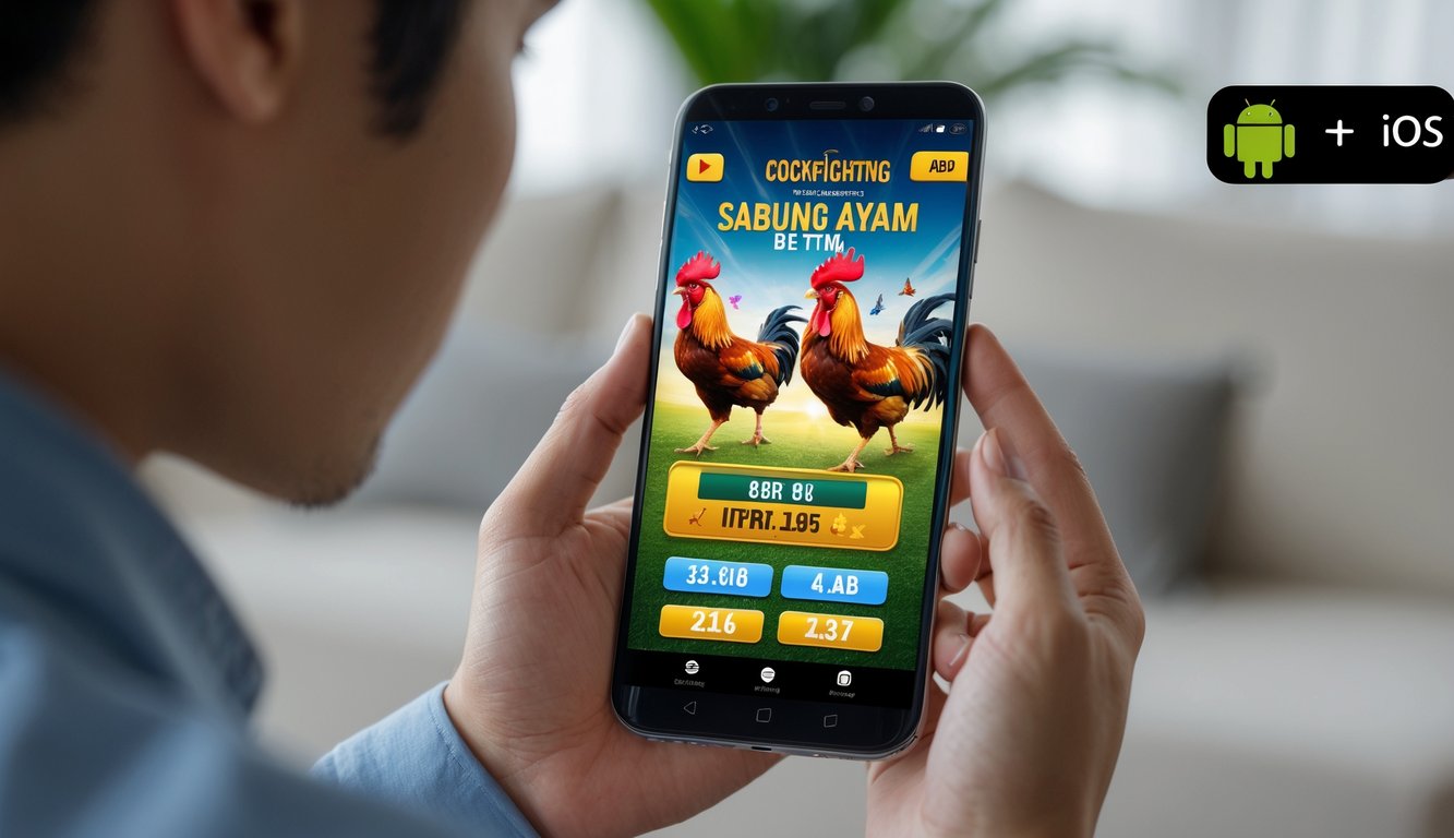 Seseorang memegang smartphone yang menampilkan aplikasi sabung ayam online dengan grafik ayam jago dan antarmuka taruhan.