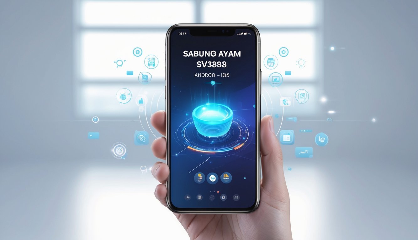 Seseorang memegang ponsel yang menampilkan antarmuka aplikasi Sabung Ayam SV388 versi terbaru dengan latar belakang minimalis.