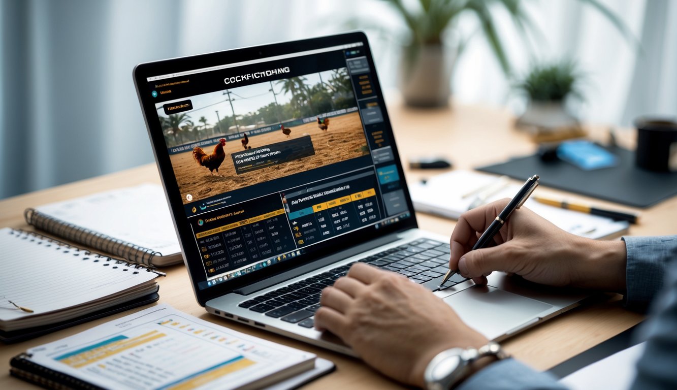 Seseorang sedang bekerja dengan laptop dan catatan, menganalisis data untuk prediksi sabung ayam secara online.