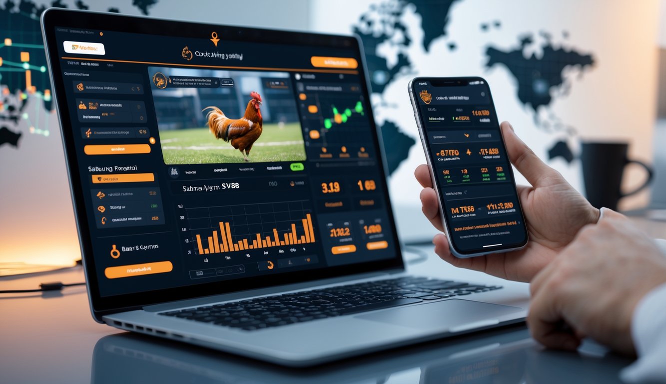 Seseorang menggunakan laptop dan ponsel untuk melihat data dan prediksi sabung ayam secara online.