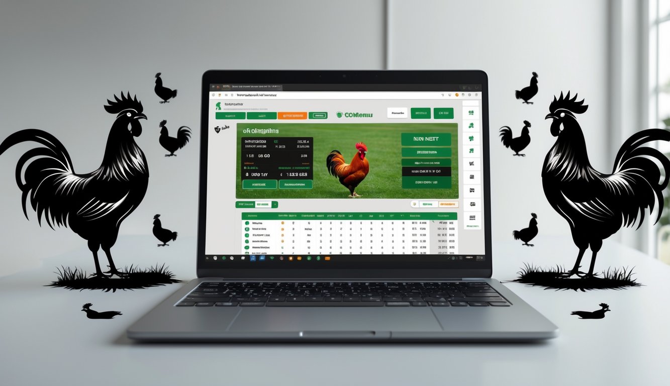 Seorang pengguna sedang melihat situs taruhan sabung ayam online di layar komputer dengan latar ruang kerja yang rapi.