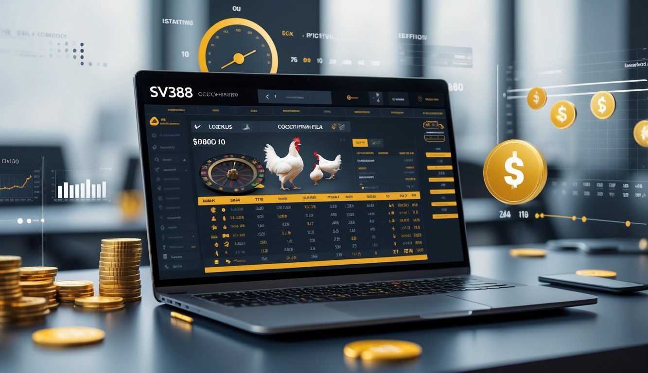 Seorang pria menggunakan laptop di meja kerja yang menampilkan antarmuka taruhan sabung ayam online dengan grafik dan simbol terkait.