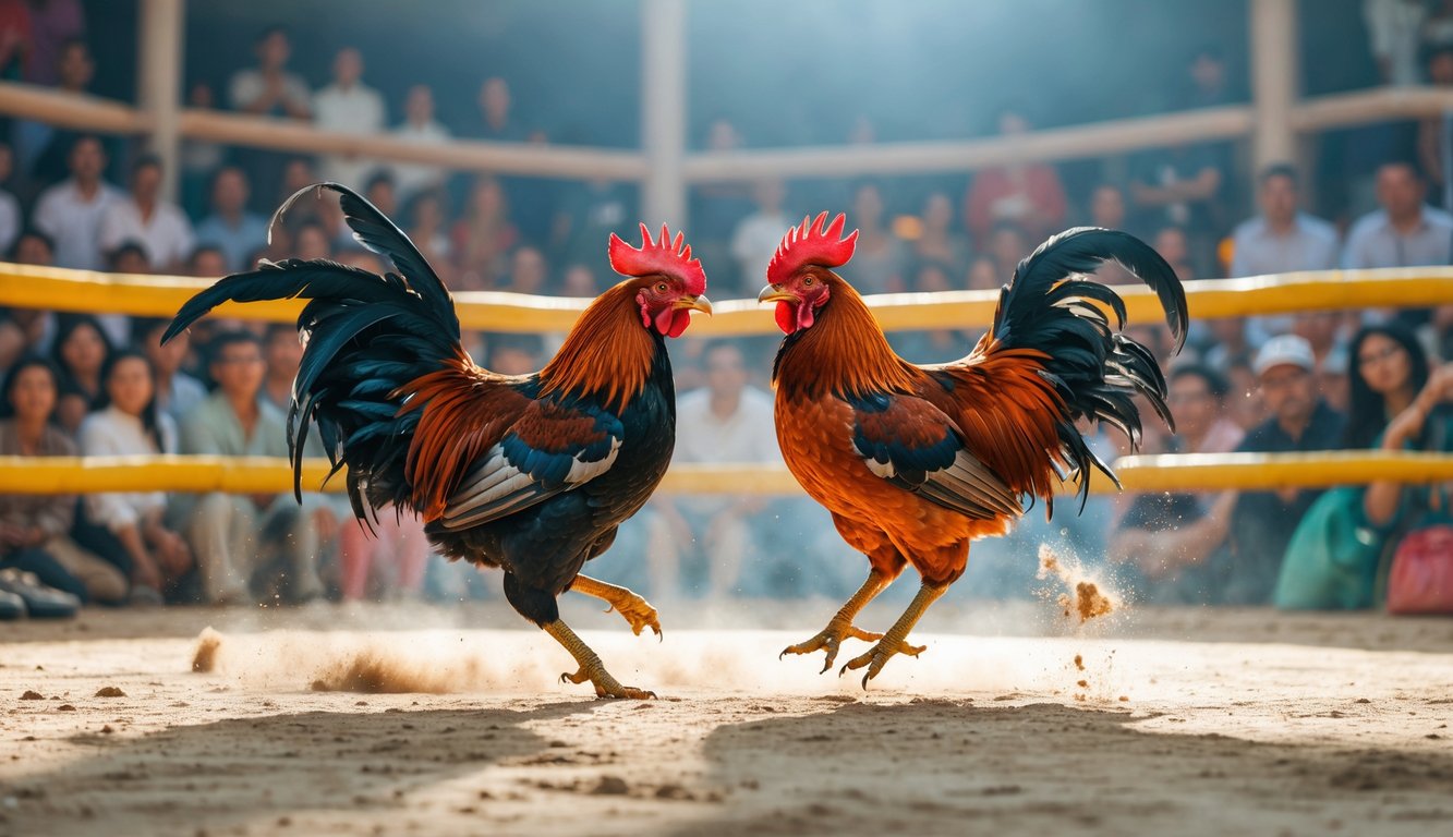 Dua ayam jago sedang bertarung di arena dengan penonton yang memperhatikan di latar belakang.