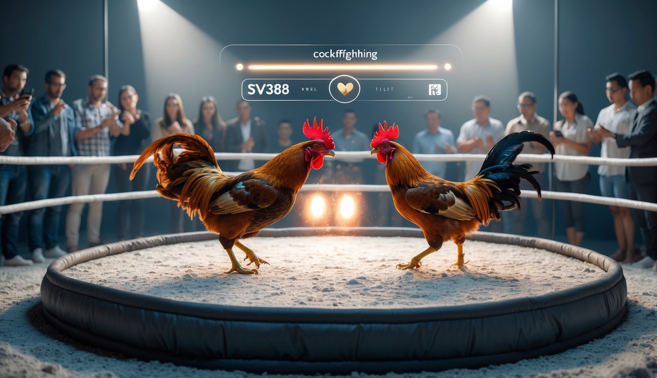 Dua ayam jago sedang bertarung di arena melingkar dengan penonton yang menonton menggunakan ponsel dan laptop, menunjukkan suasana pertandingan sabung ayam online secara langsung.