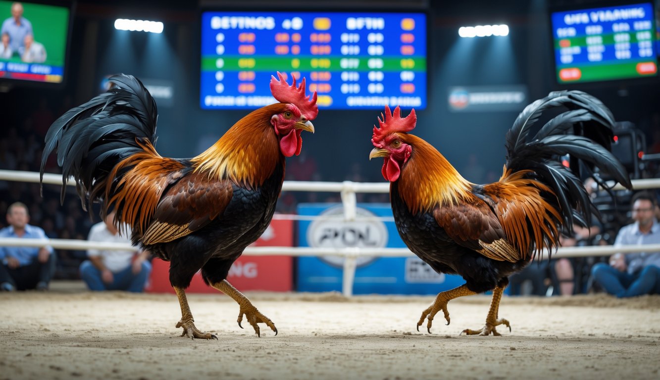 Dua ayam aduan sedang bertarung di arena dengan papan skor digital dan kamera streaming di latar belakang, dikelilingi beberapa penonton yang fokus memperhatikan pertandingan.