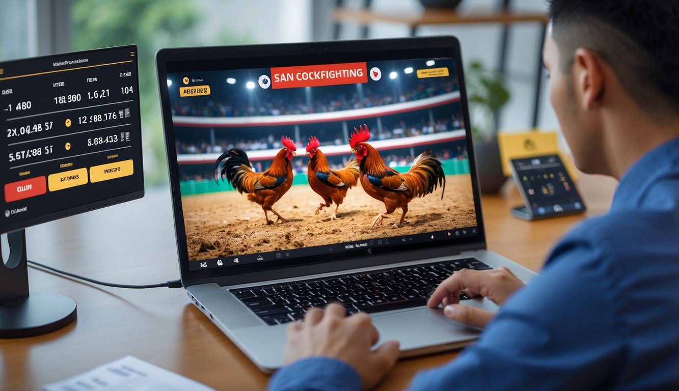 Seseorang menonton siaran langsung sabung ayam online di layar komputer dengan suasana ruangan modern dan perangkat digital di sekitarnya.