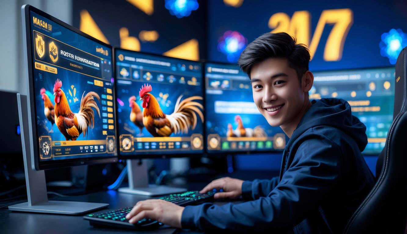 Seorang dewasa muda sedang menggunakan komputer dengan layar yang menampilkan pertandingan sabung ayam online dan antarmuka taruhan.
