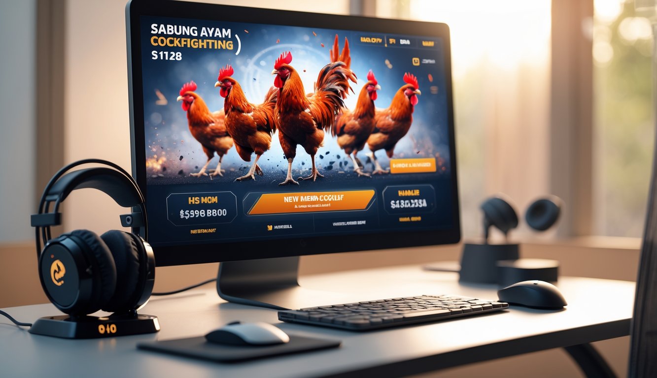 Seseorang menggunakan komputer untuk bermain permainan sabung ayam online dengan gambar ayam jantan di layar.
