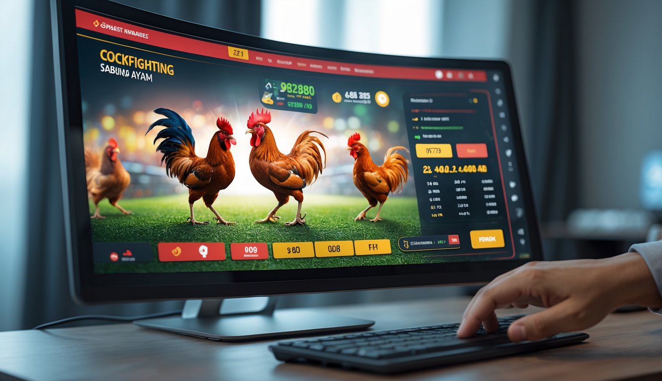Seseorang menggunakan komputer dengan tampilan situs sabung ayam online di layar.