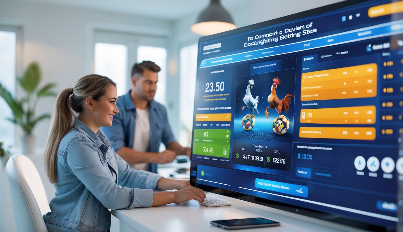 Dua orang muda menggunakan layar sentuh digital yang menampilkan grafik taruhan sabung ayam online di sebuah ruang kerja modern.
