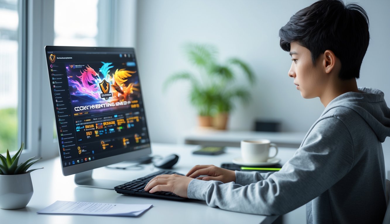 Seorang pemula sedang belajar bermain permainan sabung ayam online di depan laptop di meja kerja yang rapi.