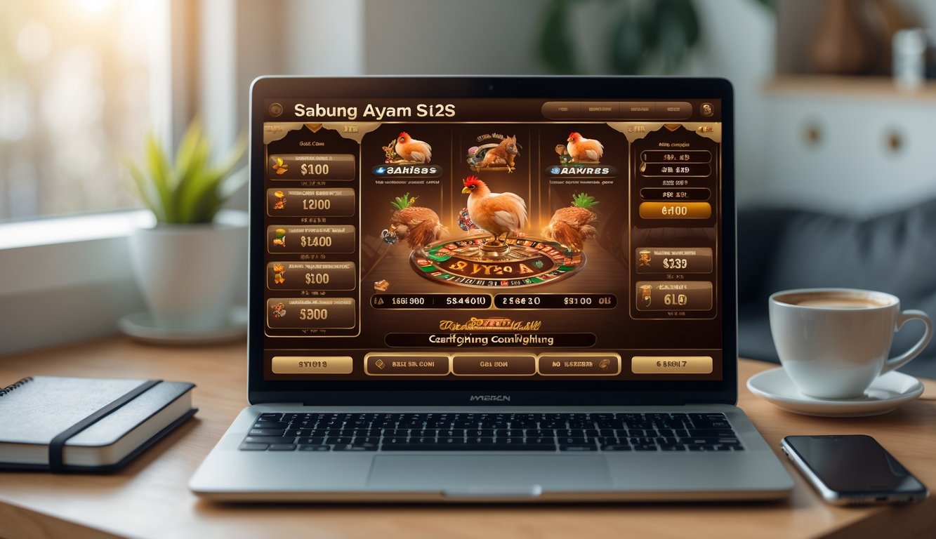 Seseorang sedang menggunakan komputer di meja kerja dengan layar menampilkan antarmuka taruhan Sabung Ayam online.