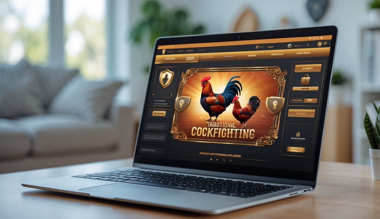 Seseorang menggunakan laptop atau ponsel di ruang tamu yang nyaman dengan tampilan situs taruhan sabung ayam online yang aman dan resmi.