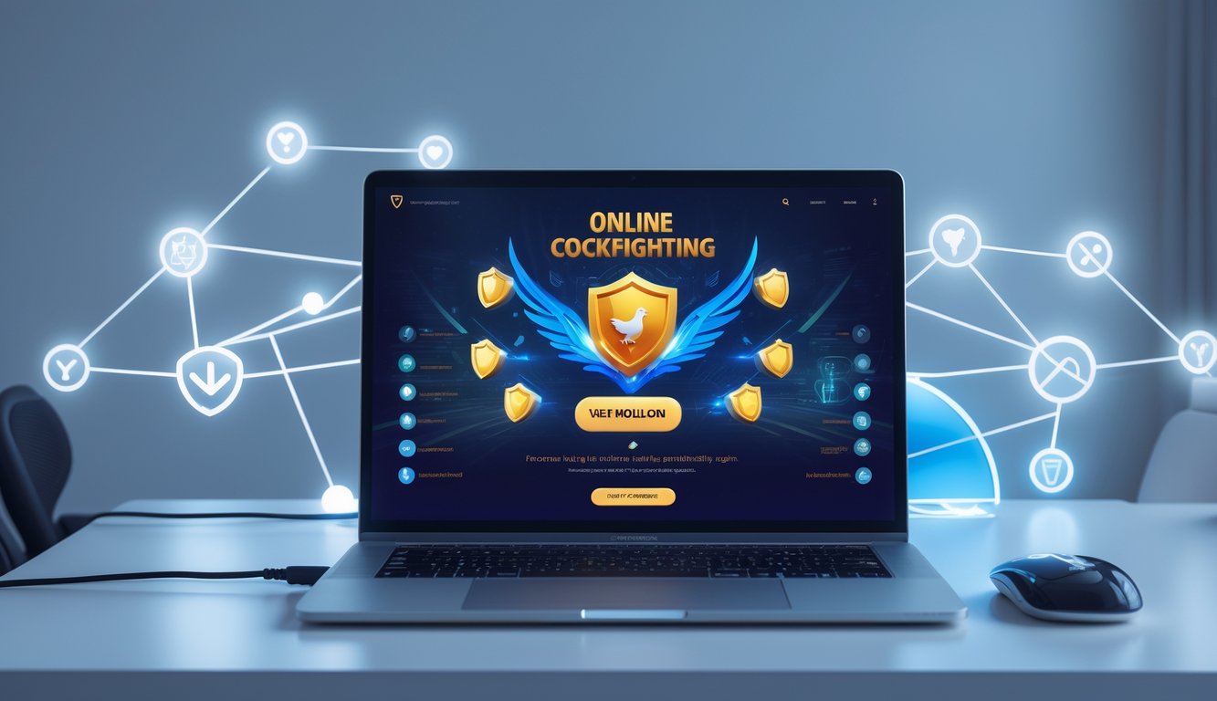 Sebuah laptop di atas meja menunjukkan antarmuka permainan online dengan simbol keamanan dan koneksi jaringan di sekitar.