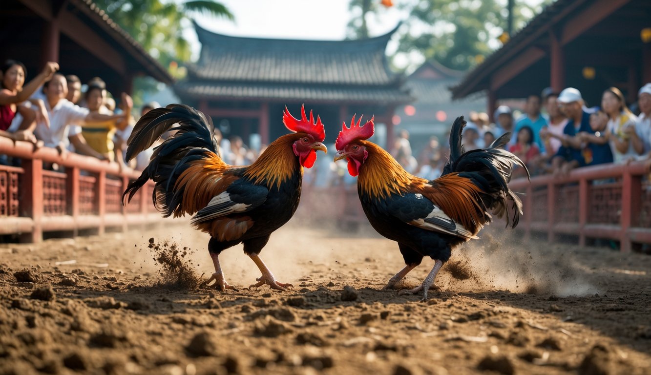 Dua ayam bertarung di arena sabung ayam dengan penonton yang antusias mengelilingi, suasana penuh semangat dan ramai.