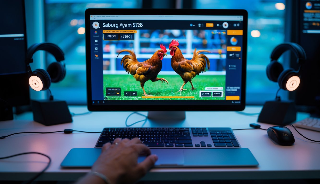 Seseorang menonton siaran langsung sabung ayam online di layar komputer dengan gambar dua ayam jago bertarung.