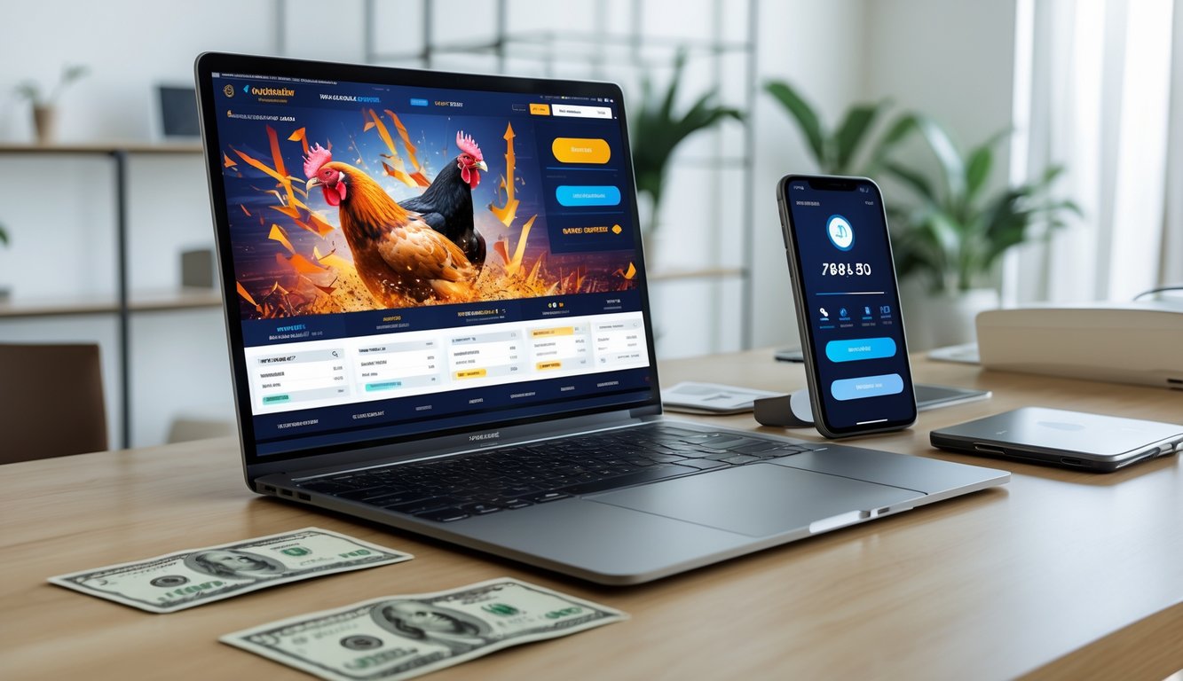 Seorang pengguna menggunakan komputer dan ponsel untuk memasang taruhan sabung ayam secara online dengan metode deposit bank dan e-wallet di meja kerja yang rapi.