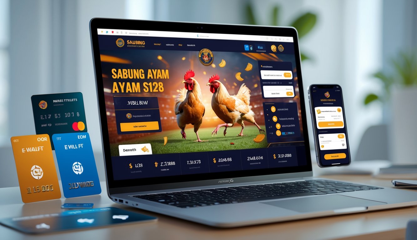 Seorang pengguna sedang menggunakan komputer dengan layar menampilkan situs sabung ayam online, dikelilingi oleh smartphone dan kartu bank sebagai simbol metode pembayaran digital.