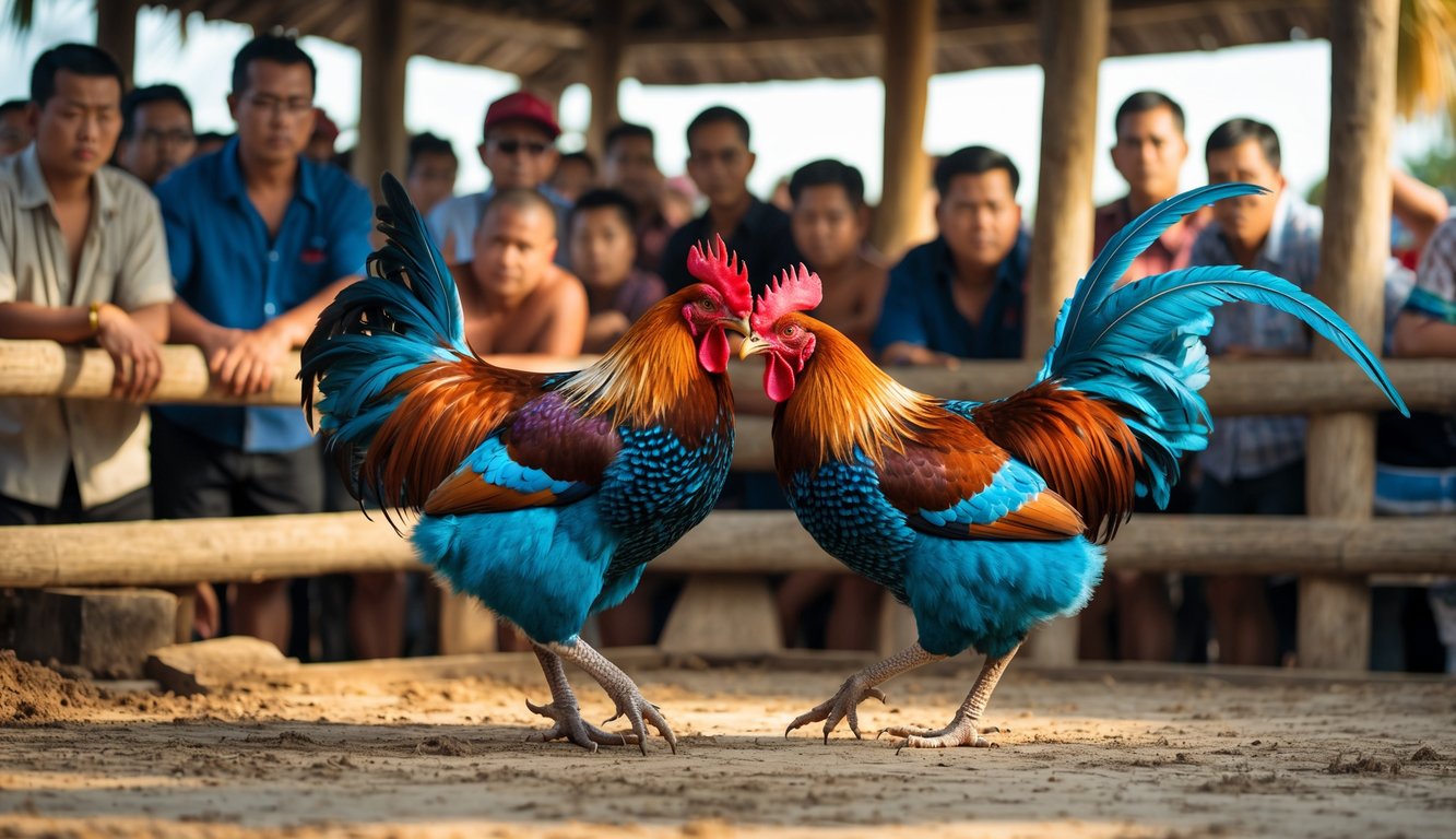 Dua ayam jago bertarung di arena kayu dengan penonton yang mengamati di sekelilingnya.