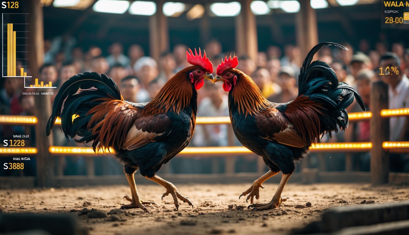Dua ayam aduan sedang bertarung di arena kayu dengan penonton di latar belakang yang memperhatikan dengan antusias.