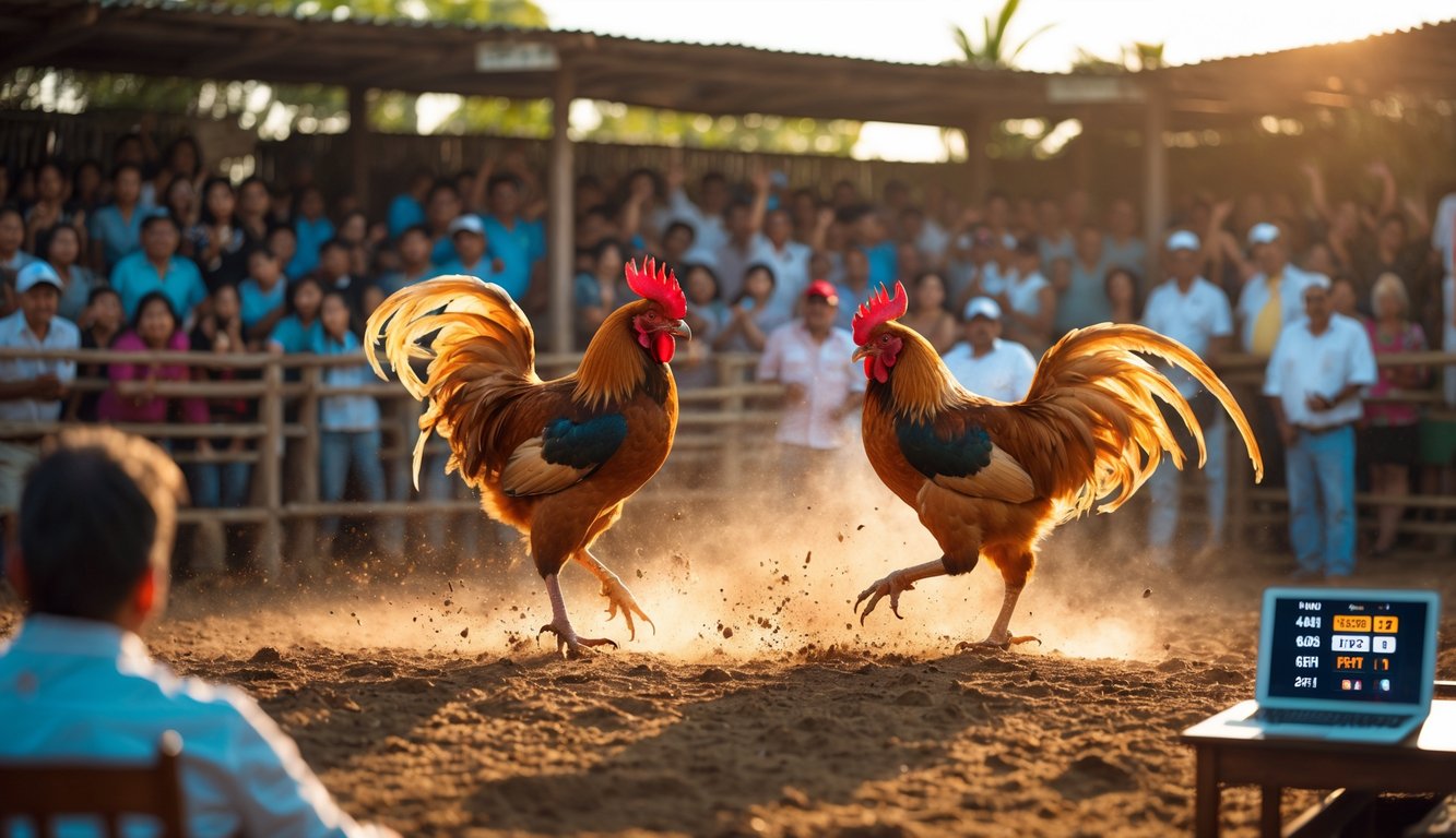 Adegan pertandingan sabung ayam dengan dua ayam jantan sedang bertarung di arena yang ramai di luar ruangan, dikelilingi oleh penonton yang antusias.