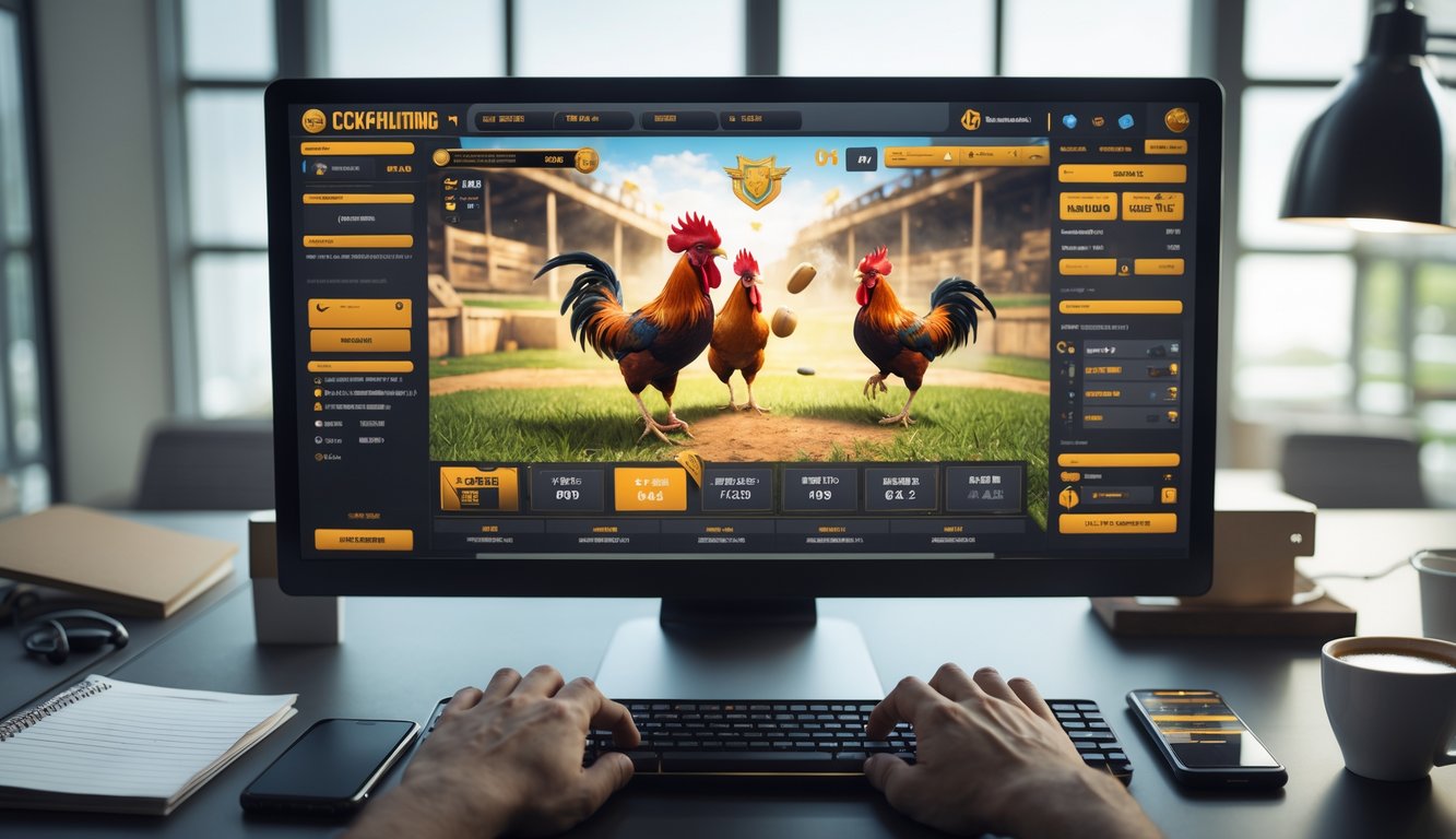 Seseorang duduk di depan komputer dengan layar menampilkan pertandingan sabung ayam online yang sedang berlangsung.