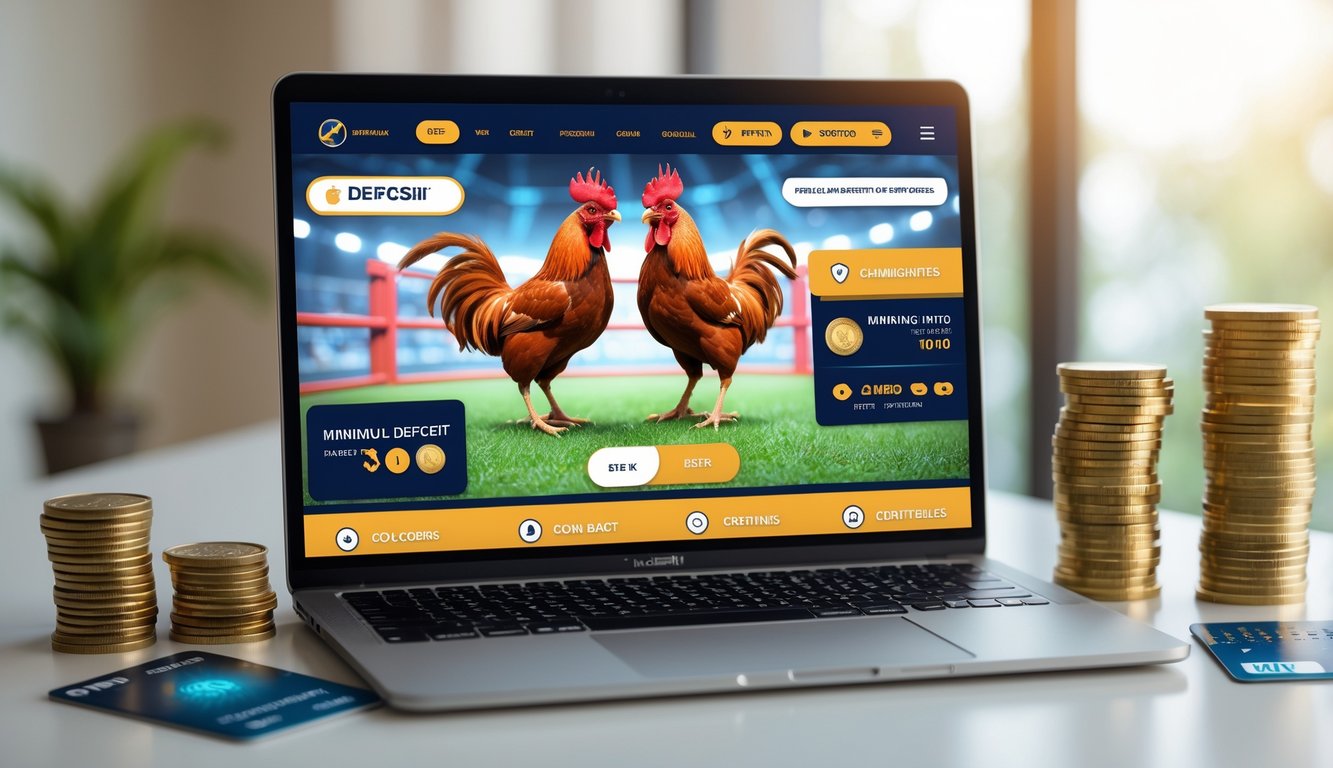 Seorang pengguna sedang menggunakan laptop dan ponsel untuk taruhan sabung ayam secara online dengan latar belakang meja kerja yang rapi.